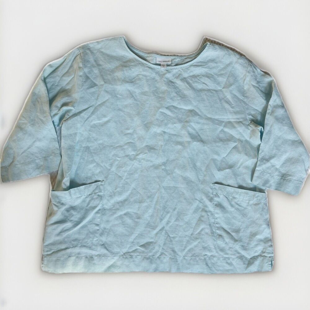 J. Jill Soft Aqua Blue Linen 1/2 Sleeve Blouse W/  Pockets Women’s Sz MP